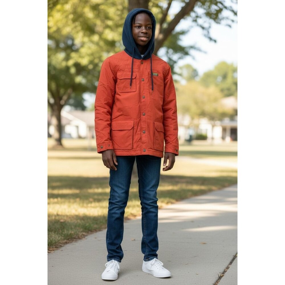 L.L. Bean Kids XL 18 Hooded Jacket Fleece Lining Orange Navy Bomber Jacket Coat